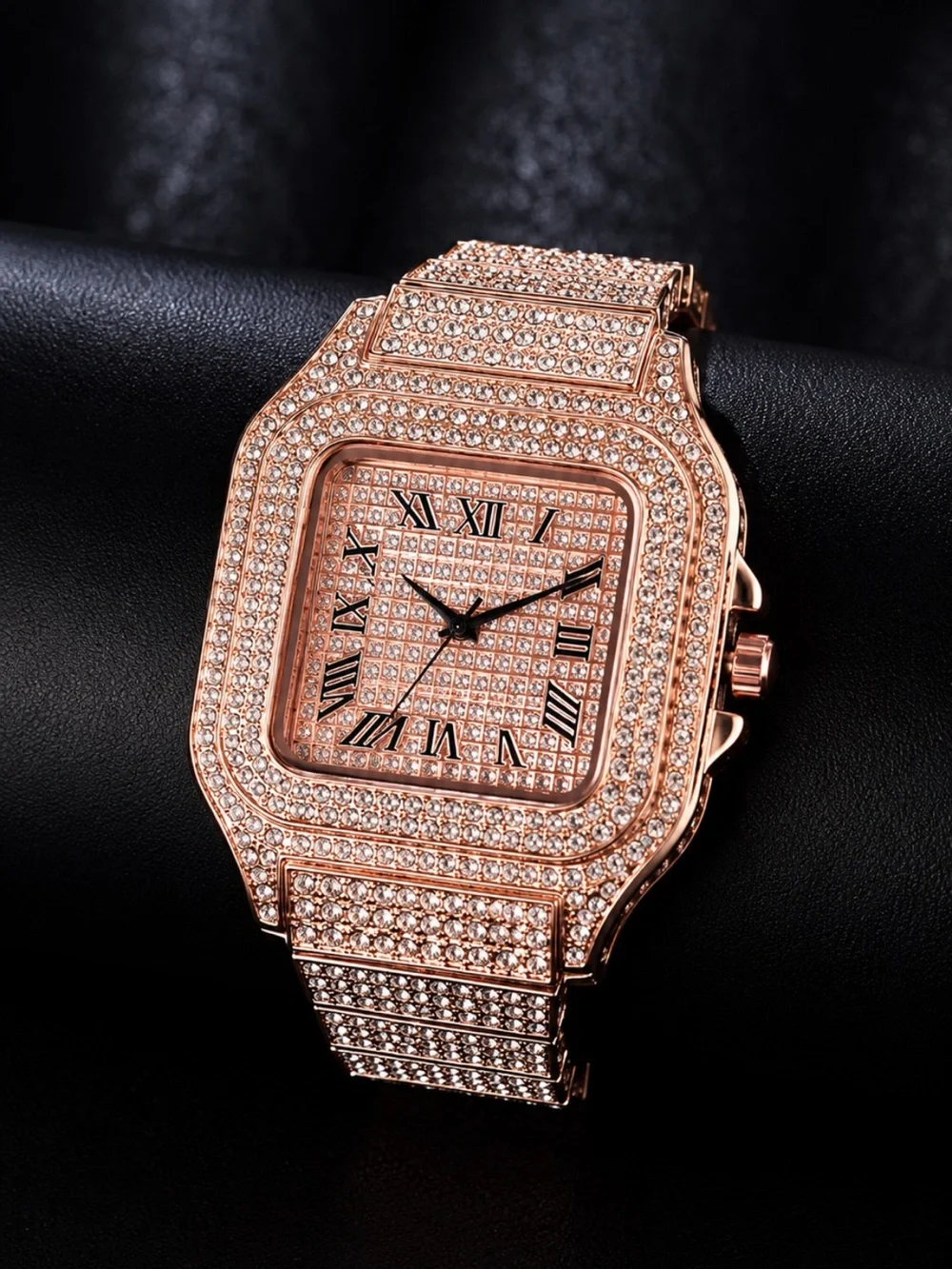 Iced Out VVS Simulated Diamond Rose Gold Stainless Steel Watch Pave Fully Iced